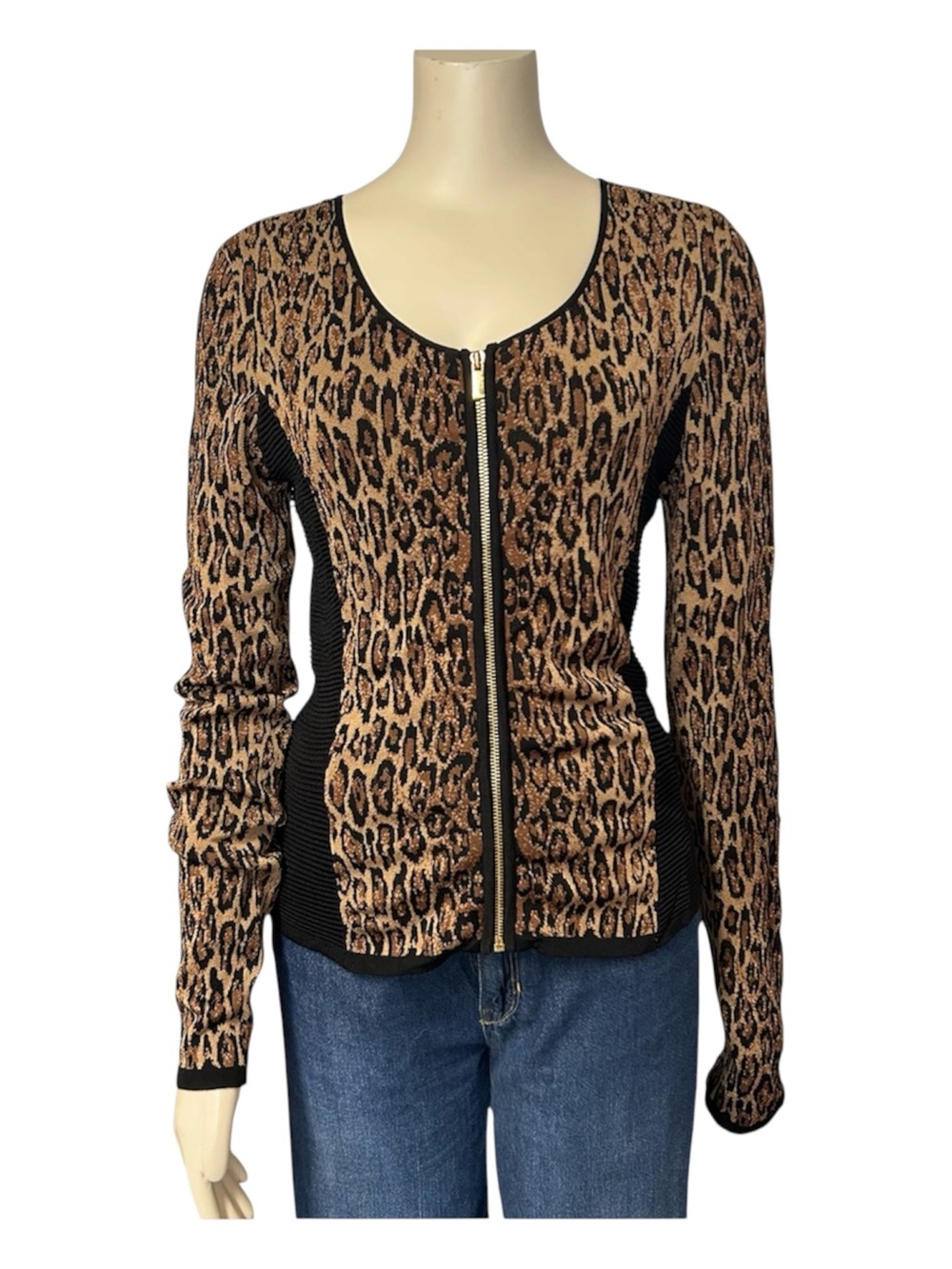 Cache Leopard Knit Zip Up Cardigan Womens XS Longs Sleeve Gold Brown